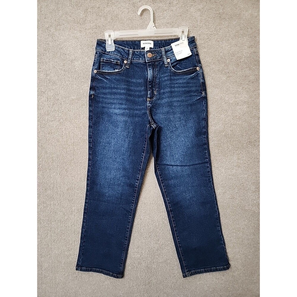 Sonoma High Rise Straight Jeans Womens 8 Petite Blue Dark Wash Stretch NEW